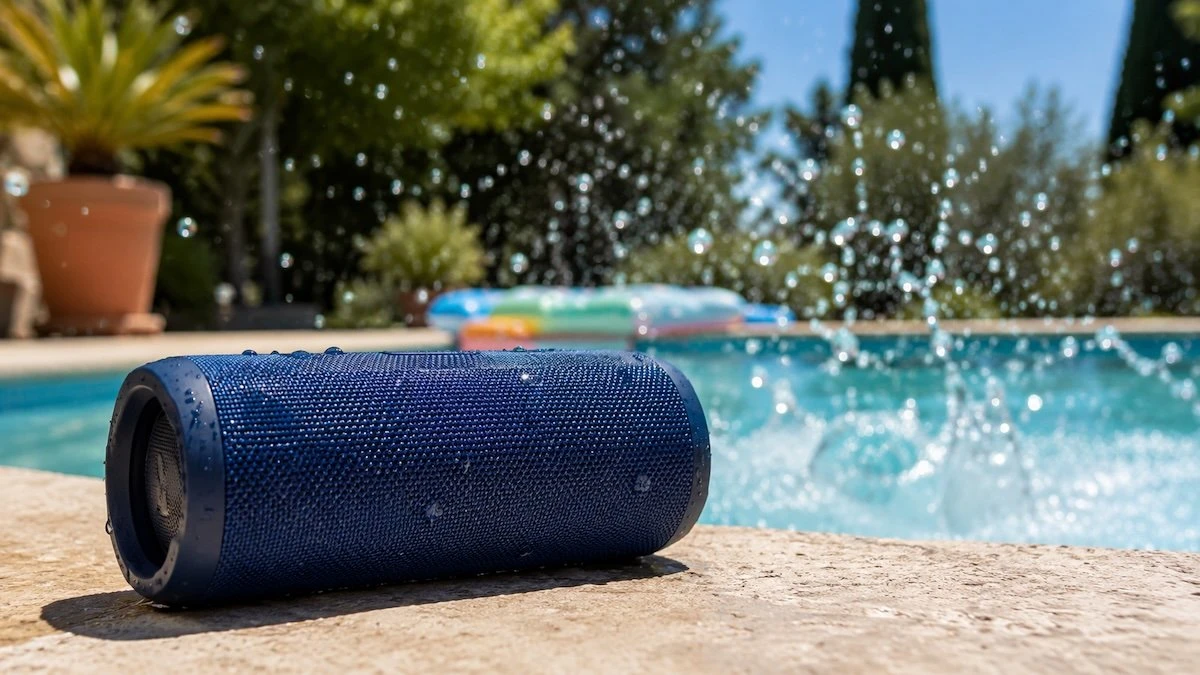 Altavoz Bluetooth resistente al agua junto a una piscina en verano, con salpicaduras de agua alrededor
