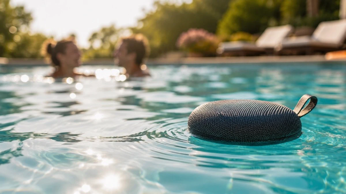 Altavoz Bluetooth sumergible flotando en una piscina mientras suena música en verano