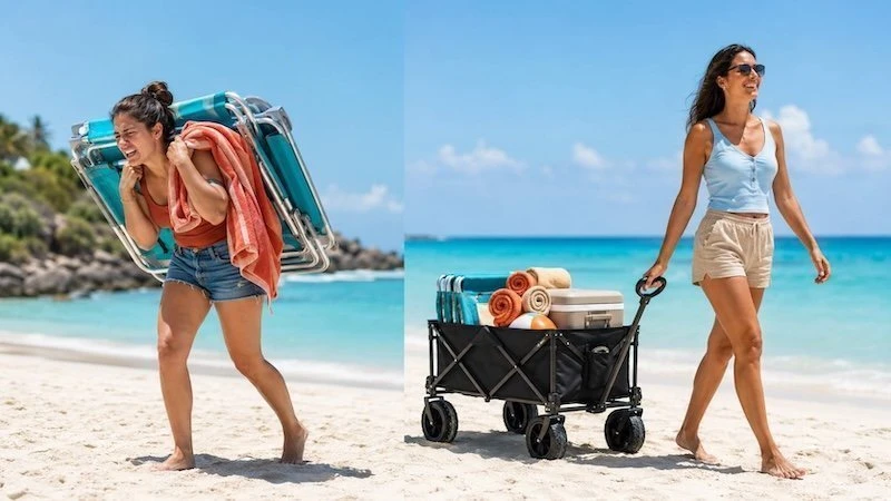 Comparativa entre llevar objetos a mano o usar un carro de playa plegable