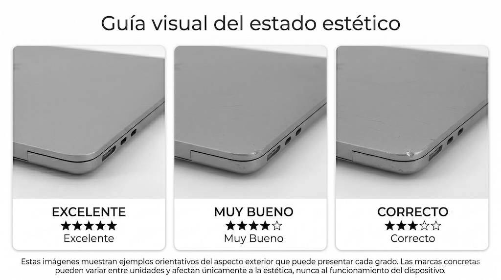 Guía visual del estado estético: ejemplos fotográficos de MacBook Excelente, Muy Bueno y Correcto