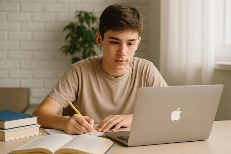 Estudiante comparando modelos de MacBook en la biblioteca de la universidad